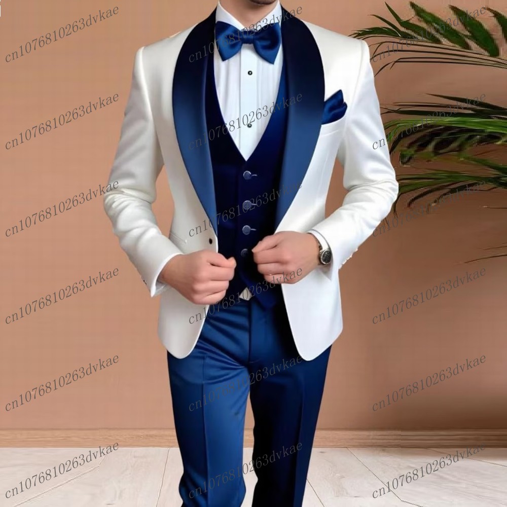 Men'S Grooming Jacket - Ацетатный атлас Белый и темно-синий Мужской